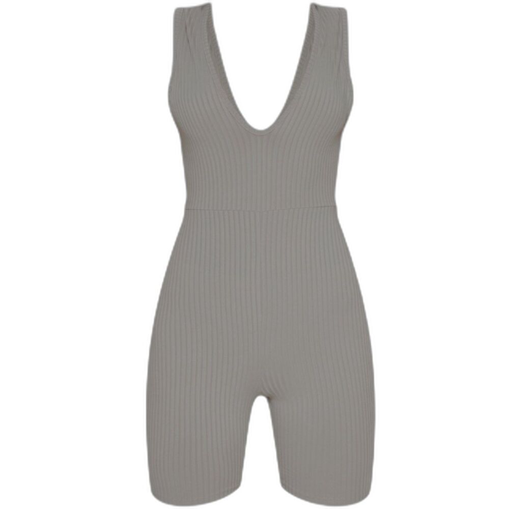 PLT Grey Stretchy Ribbed V Neck Plunge Sleeveless Romper Work Out Body Suit XS 2